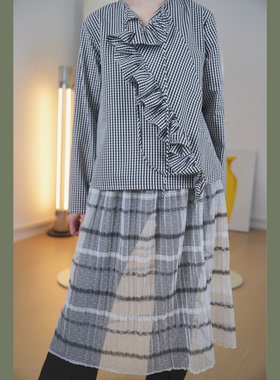 格子控～黑白格自洽cdg日杂女孩荷叶边蝴蝶结长袖上衣