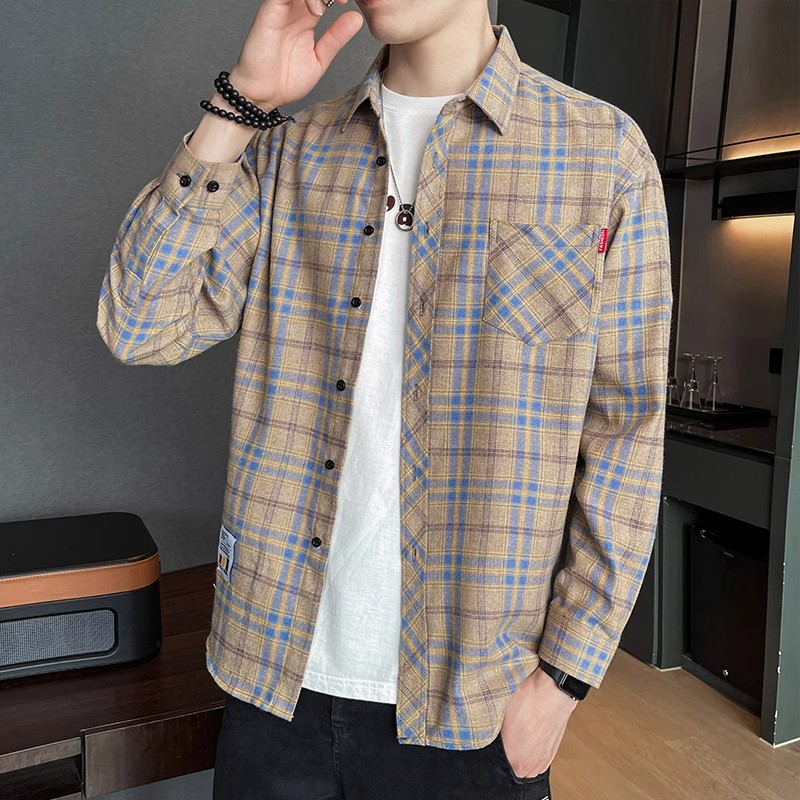 潮流格子衬衫男生春秋季长袖上衣服男秋款外套休闲衬衣