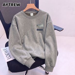 AYTREW韩系ins圆领卫衣男女款秋冬季小众鹿皮绒宽松时尚长袖外套