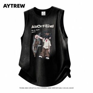 AYTREW美式街头卡通印花无袖t恤男女夏季新款鹿皮绒情侣坎肩背心