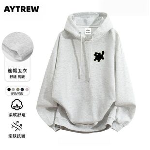 AYTREW日系复古卡通小黑帽印花卫衣男女春秋冬长袖休闲连帽外套薄