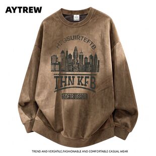 AYTREW秋季美拉德鹿皮绒卫衣打底衫男女高街复古嘻哈运动慵懒上衣
