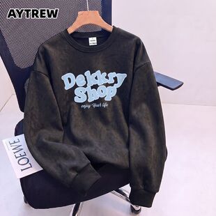 AYTREW美式鹿皮绒圆领卫衣男女秋冬季青少年ins慵懒百搭长袖外套