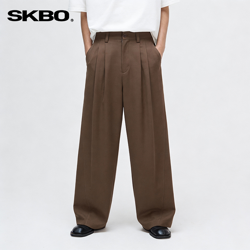 SKBO日系复古咖啡棕色阔腿西裤男高级垂坠感直筒休闲宽松西装裤子,男装,西裤,淘宝优惠券,粉丝福利购,淘宝优惠卷