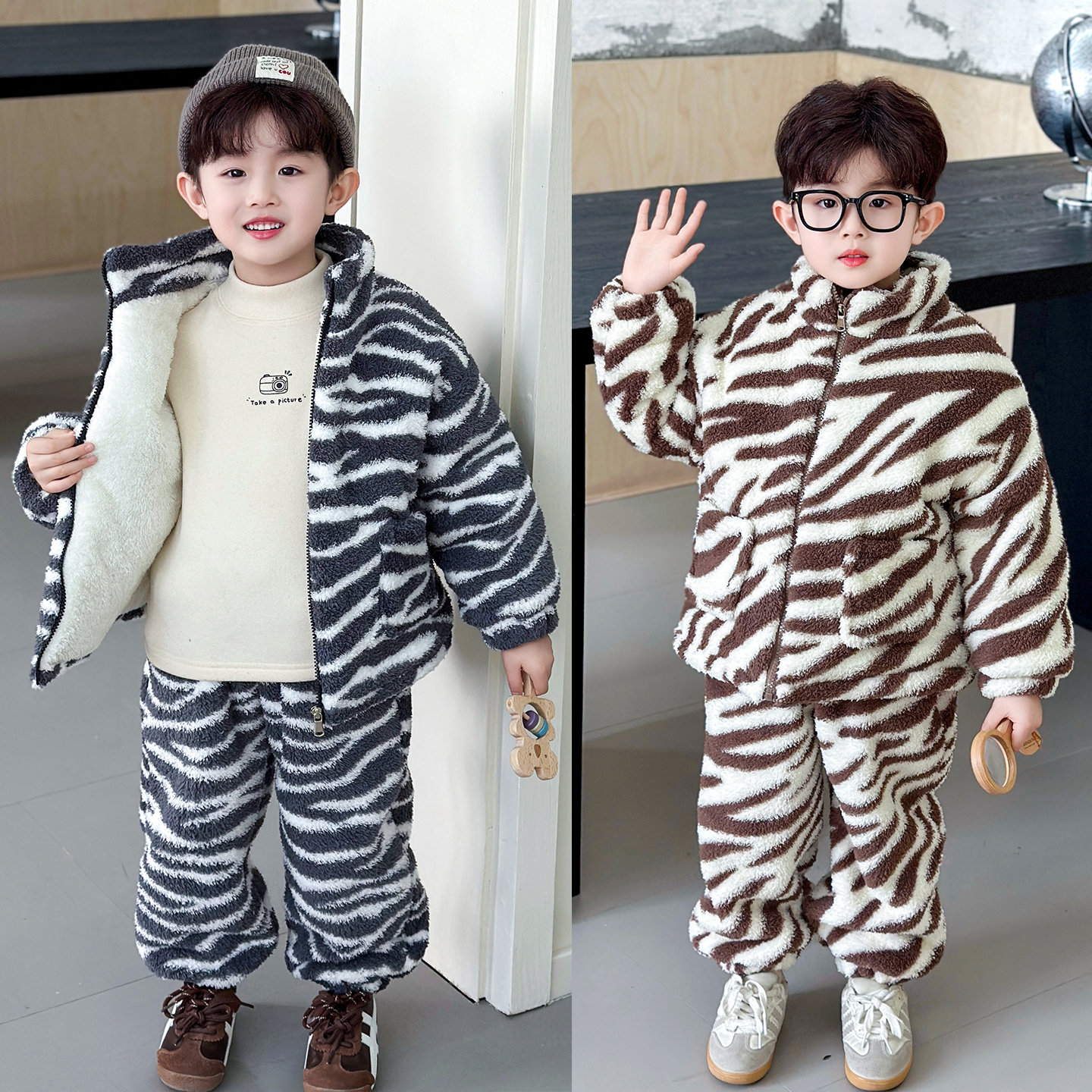 男童加厚法兰绒睡衣裤套装家居服