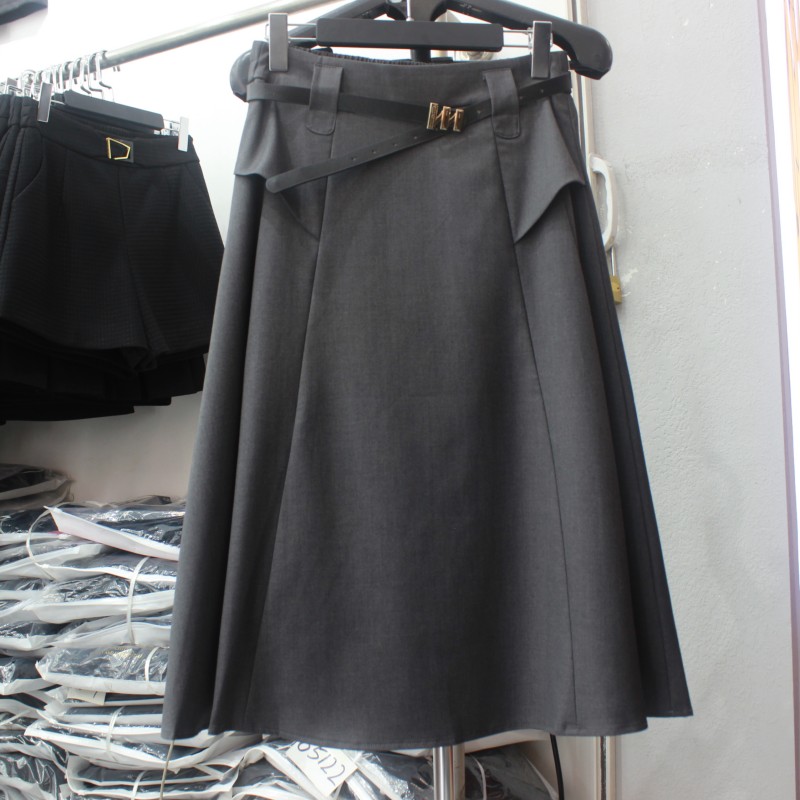春季新款半身裙高腰休闲摆裙中长A字裙高腰灰色百搭裙茗美琪69935
