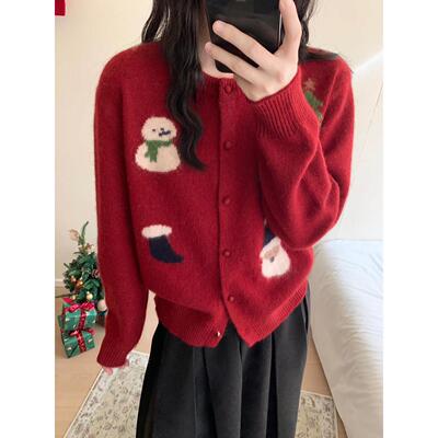 圣诞新年红色毛衣外套女2