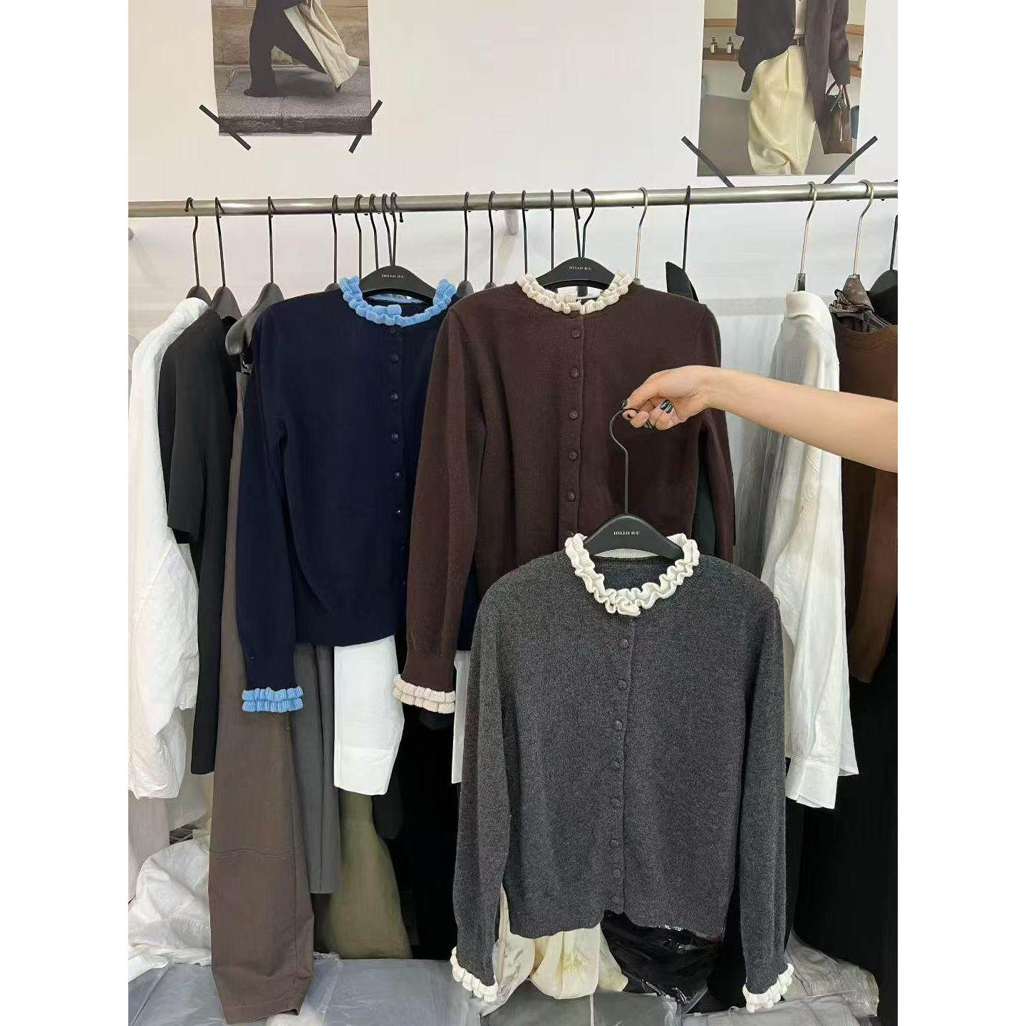 欧货2025早秋圆领木耳边撞色立体花边纯羊毛针织开衫女上衣外套,女装/女士精品,毛针织衫,淘宝优惠券,粉丝福利购,淘宝优惠卷