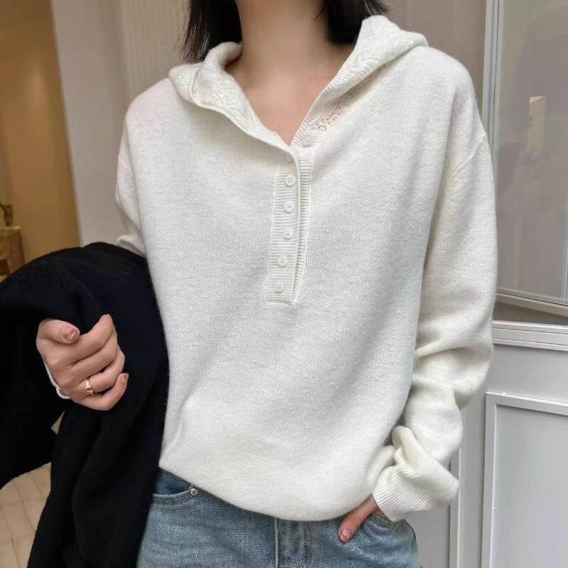 欧洲站2024冬季新款欧货拼蕾丝连帽羊毛针织衫女宽松软糯休闲毛衣