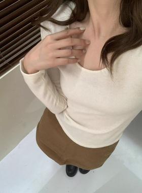 ZHE现货100%羊毛大U领加厚秋冬针织衫女修身显瘦简约内搭打底上衣