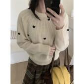 韩系冬季 加厚保暖毛绒软糯圆领爱心显瘦百搭气质女针织套头衫 5233