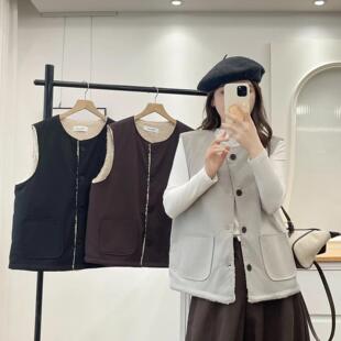 星玥胖妹妹女装秋装圆领羊羔绒口袋200斤外套纽扣大码马甲女上衣