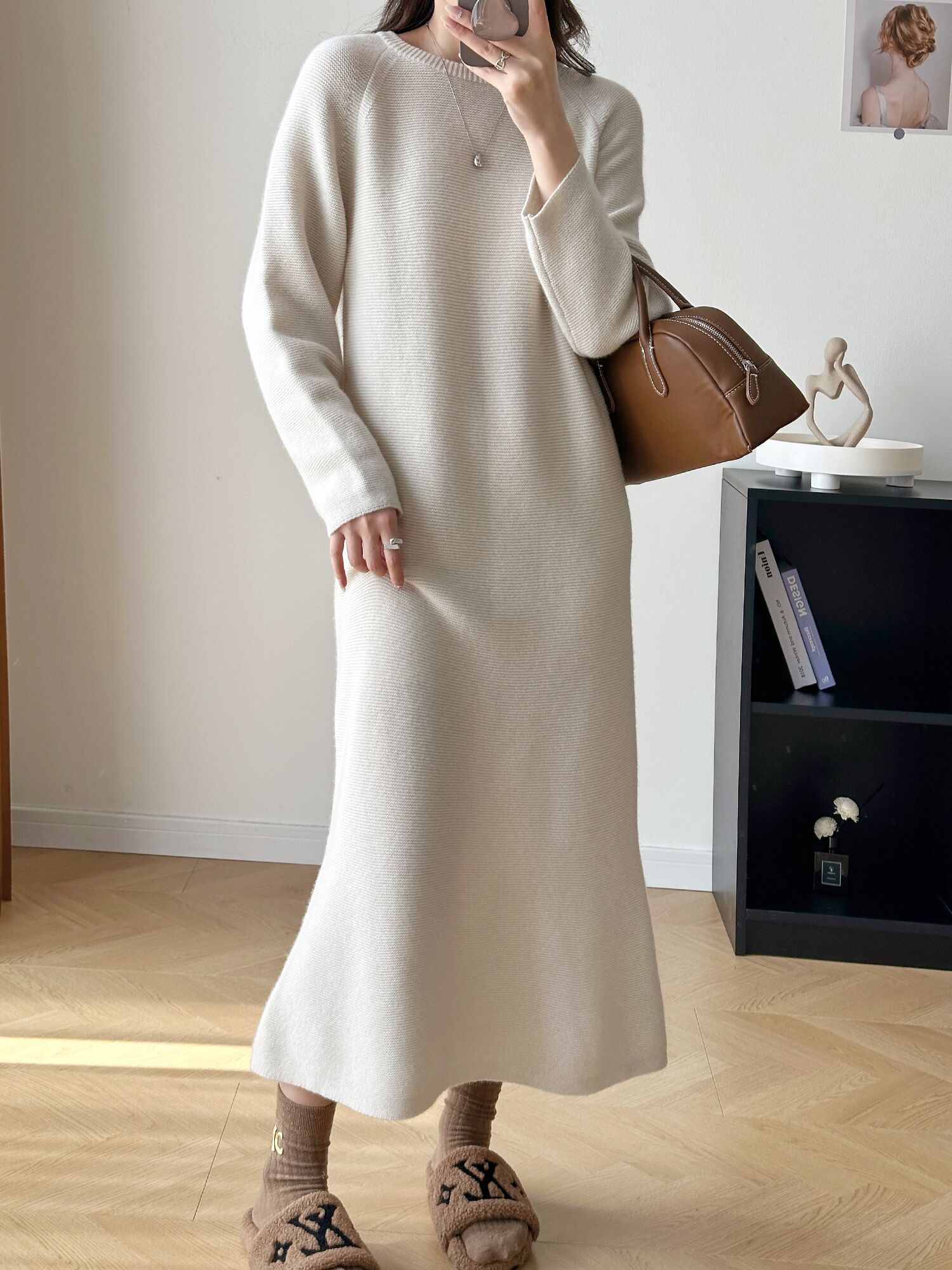 绒登自制康赛妮100纯羊绒A级双股加厚正反针宽松休闲鱼尾连衣裙