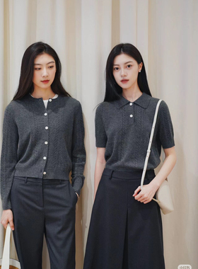 小禾原纱100羊绒开衫polo衬衫领羊绒针织短袖女灰色藏蓝色