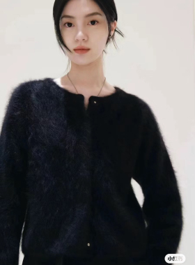 小禾原纱原厂拉毛纯山羊绒厚款黑色短开衫