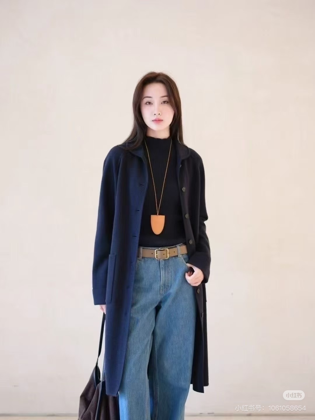 小禾原纱纯羊毛打鸡针法高密蓝黑针织外套直身廓形中长款