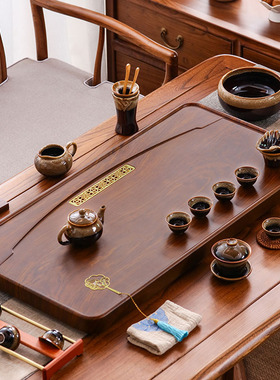 实木茶盘家用简约整块排水中式功夫茶具套装轻奢现代长方形小茶台