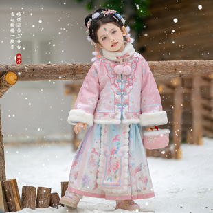汉服女童冬加厚套装新中式马年新品加绒粉色新年宝宝儿童拜年服