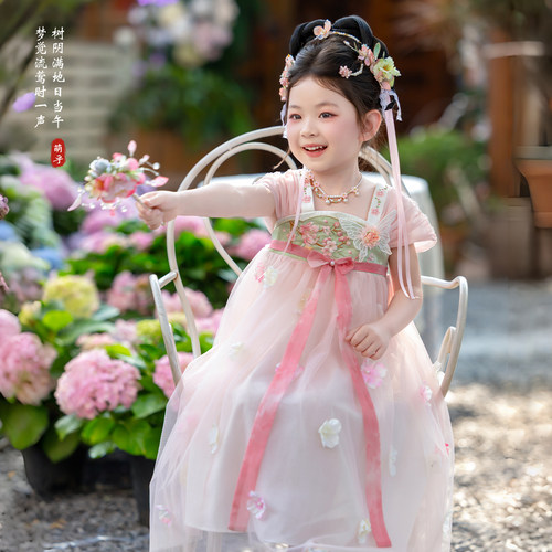 女童汉服2026新款夏款短袖薄款粉色女宝宝襦裙连衣裙超仙古装
