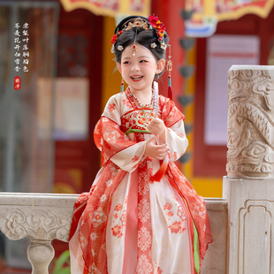 汉服女童秋季新品襦裙儿童古风刺绣连衣裙幼儿园表演红色唐装