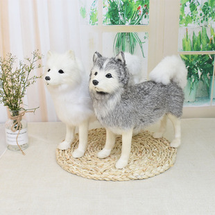 摆件 真皮仿真狗狗哈士奇萨摩耶博美犬公仔模型毛绒玩具狗家居软装