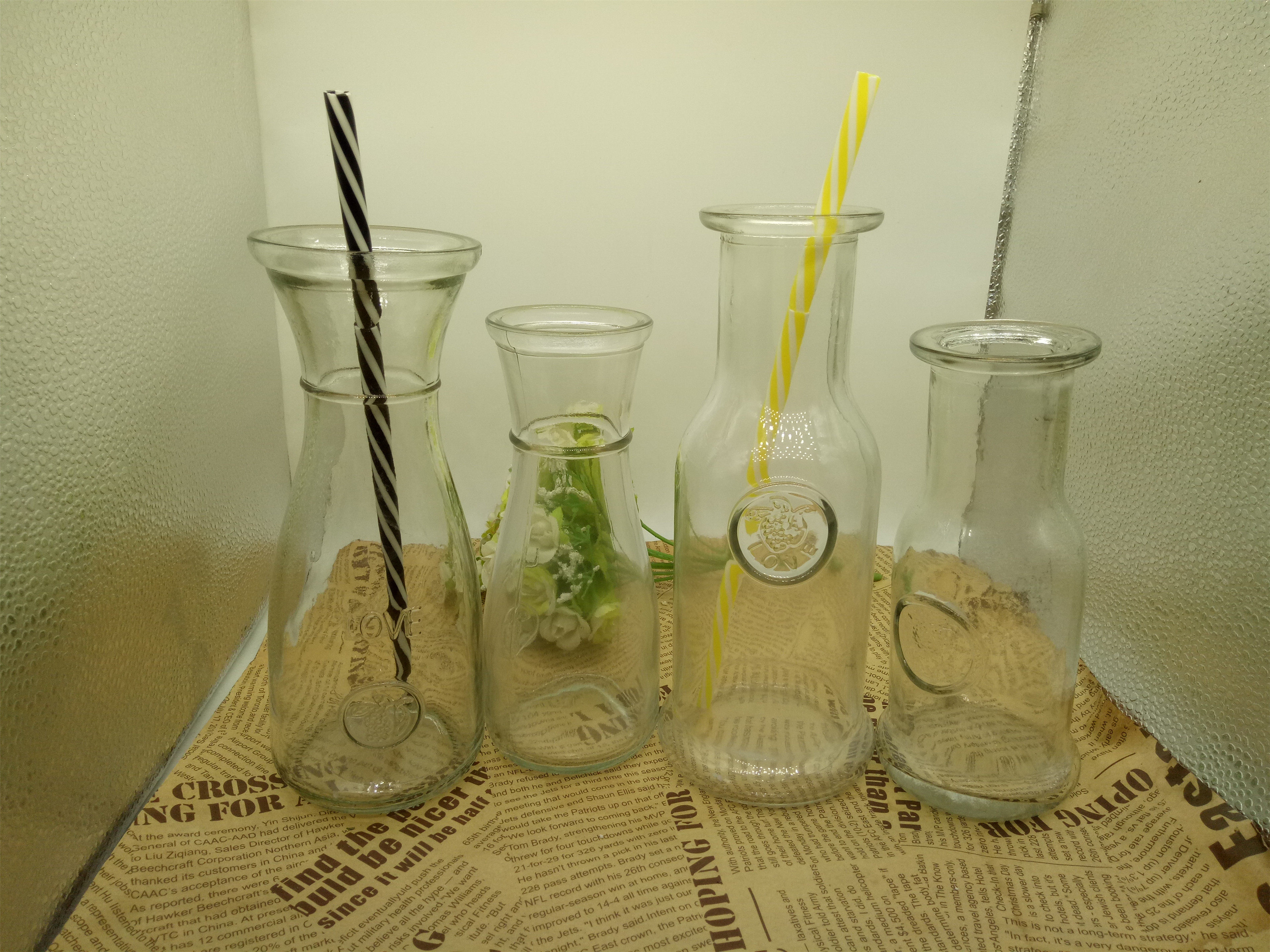 玻璃饮料瓶空瓶果汁瓶酸奶瓶柠檬汁玻璃瓶带吸管可印logo