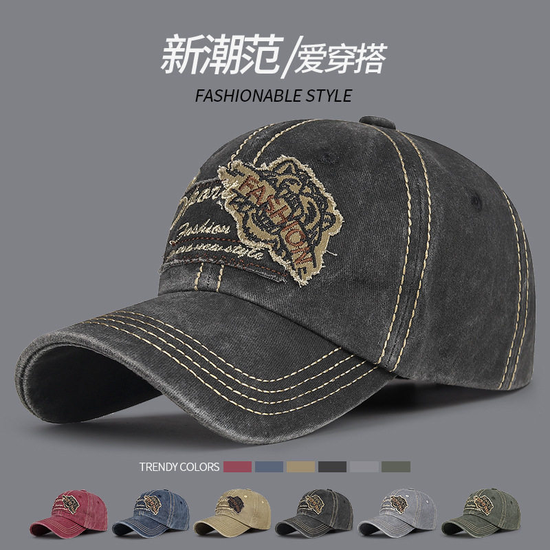 跨境水洗棉新款三线工艺帽子男春秋复古贴布棒球帽做旧鸭舌帽