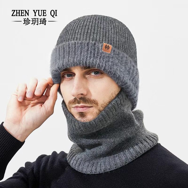 冬天新款仿貂毛加绒围脖帽子两件套男户外防寒保暖护耳毛线针织