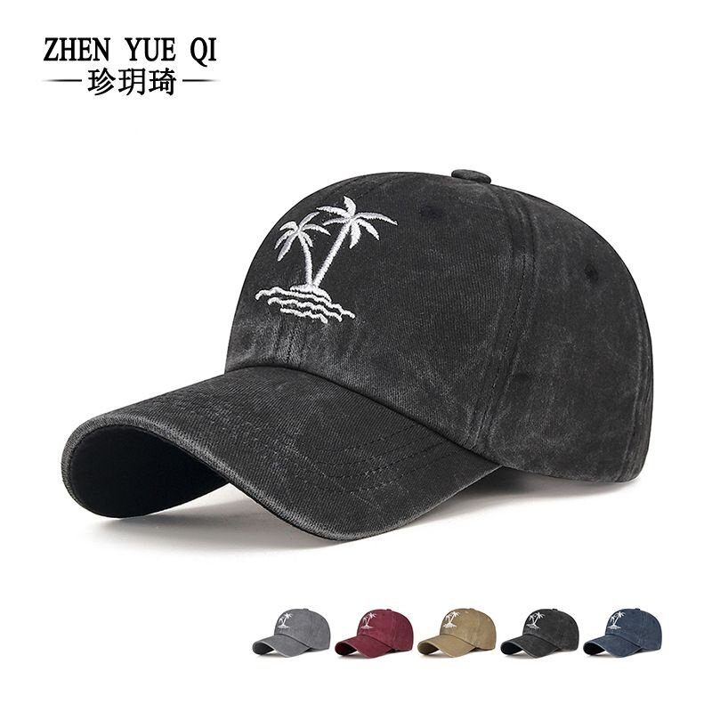 水洗褪色棒球帽春秋新款欧美系复古刺绣椰子树弯檐鸭舌帽跨境现货