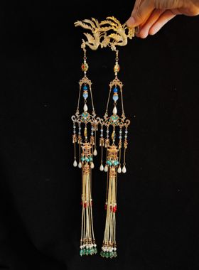 原创明制仿珍珠挑牌流苏凤冠头饰套装禁步腰间配饰羊角灯挂饰