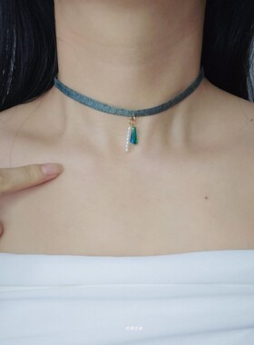 超仙气森系少女水晶绿叶吊坠choker小众设计法式小清新锁骨链女