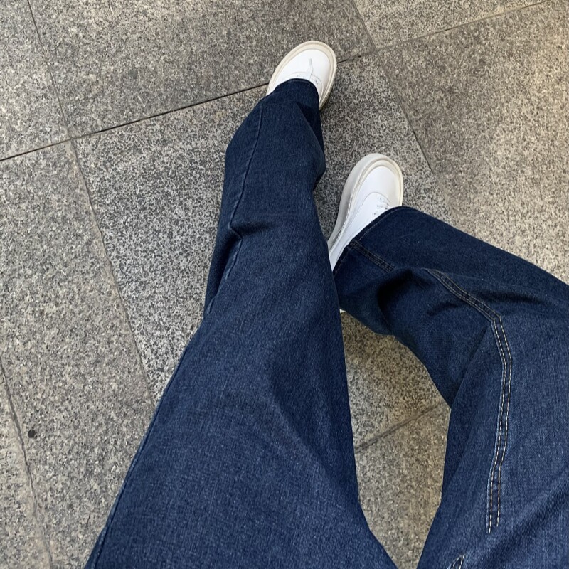 韩版街头复古简约深蓝色直筒牛仔裤女男潮牌百搭宽松阔腿休闲长裤