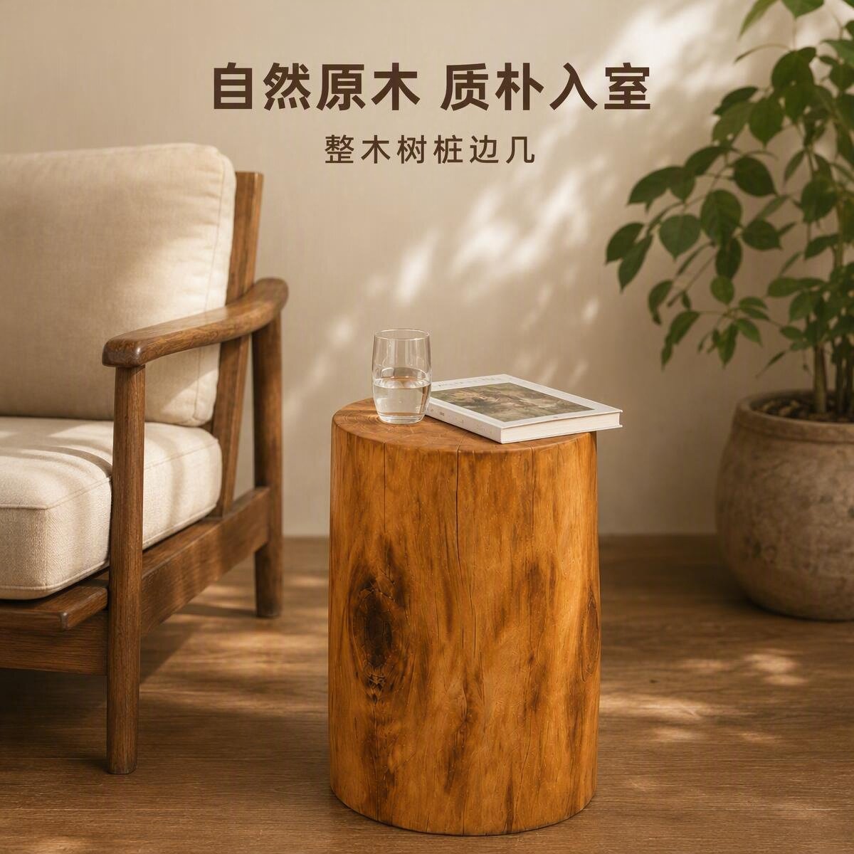 侘寂风实木树桩树墩景观凳园林景区公园公共休息椅原木风玄关茶室