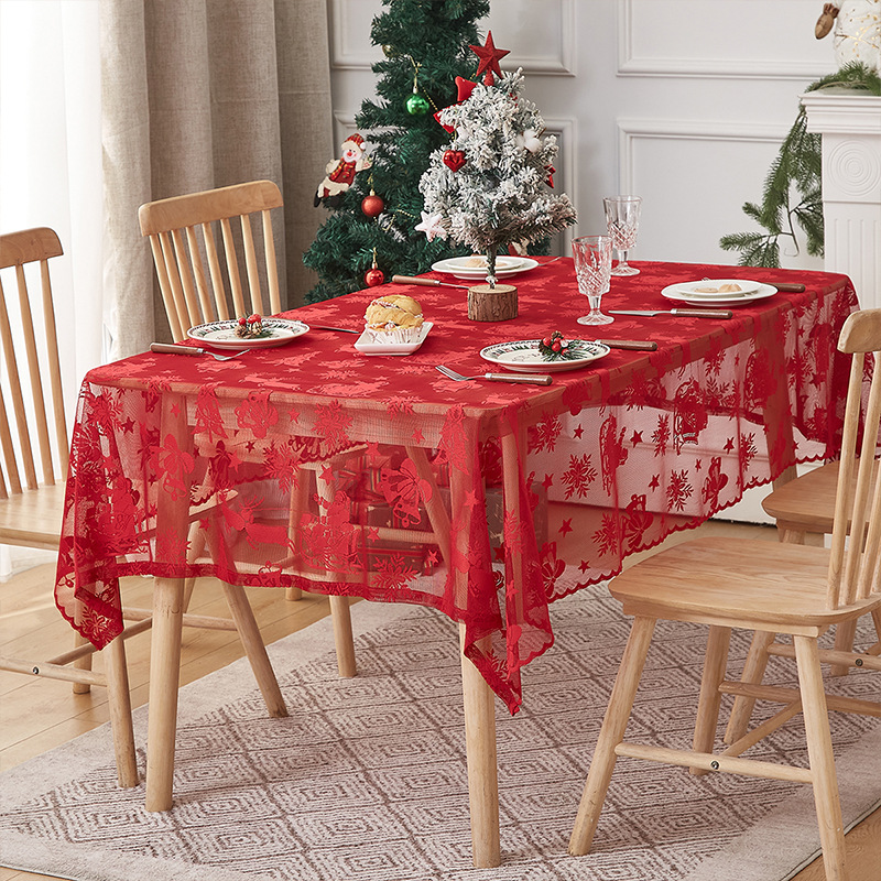 美式桌布圣诞主题餐桌布红色蕾丝台布桌旗节日装饰桌布厂家批发