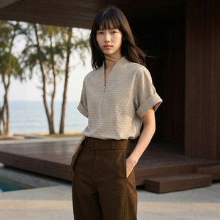 禅意领t体恤 COMMON VALUE「子衿」春季 新中式 上衣 半拉链格子卷袖