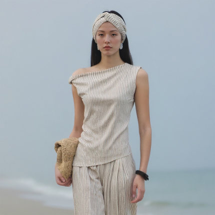 COMMON VALUE「 禅 Pāra 」肌理感亚麻斜领上衣百搭无袖条纹背心