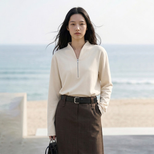 禅意领极简上衣羊毛混纺长袖T恤