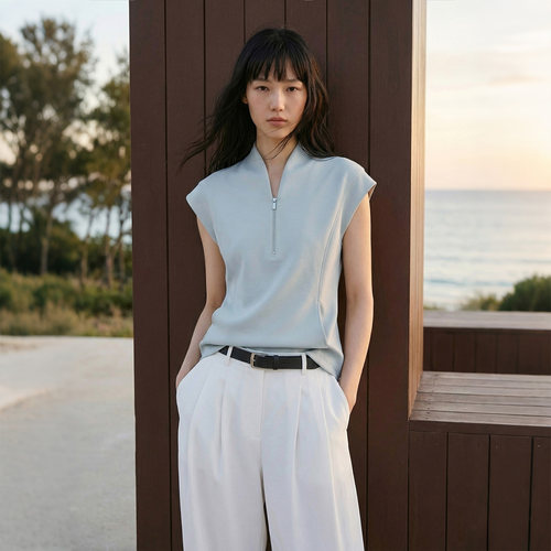 COMMON VALUE「 苍云蓝 」 新中式禅意领t恤 半拉链无袖极简背心