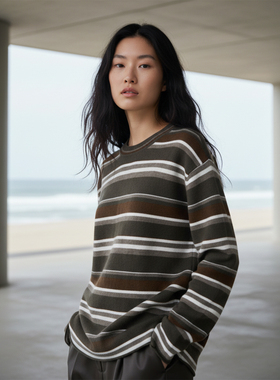 COMMON VALUE「 龛 Niche 」美利奴100%羊毛衣圆领条纹拼色针织衫