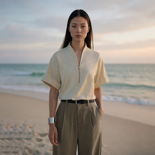 新中式禅意领上衣半拉链极简T恤