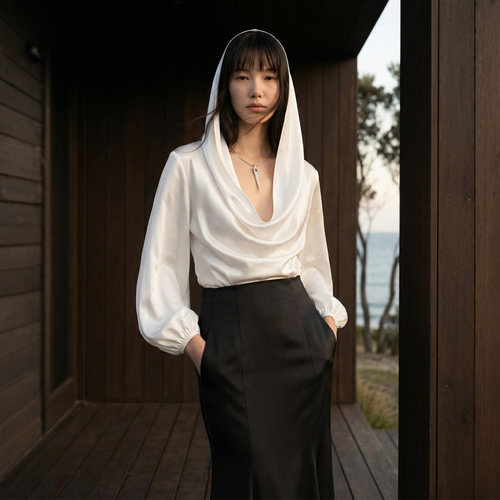 COMMON VALUE「垂云裳」夏季醋酸流光缎面荡领兜帽衫小众设计衬衫