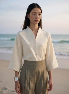 COMMON VALUE「 禅 Pāra 」莱赛尔亚麻衬衫中式禅意立领短袖上衣