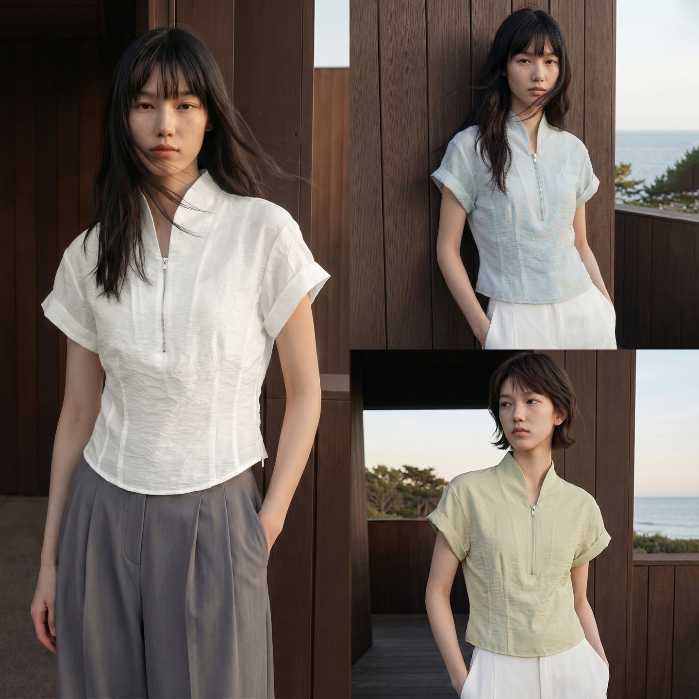 COMMON VALUE「渡夏」夏季新中式禅意立领半拉链短款收腰短袖上衣图片
