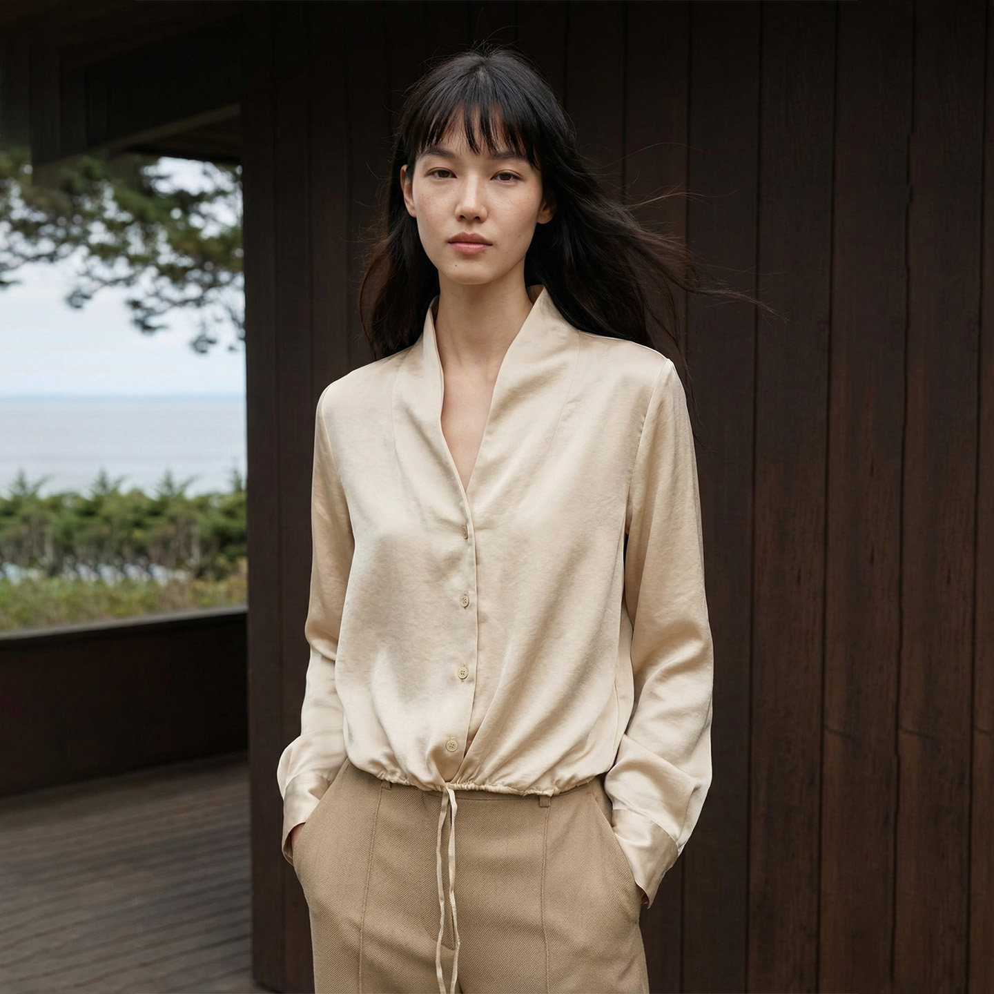 COMMON VALUE 醋酸珠光缎面禅意领轻奢高级感女长袖宽松上衣衬衫