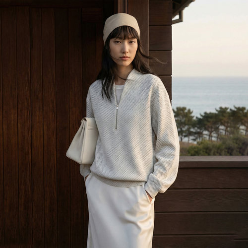 禅意领卫衣日本进口蜂巢提花上衣