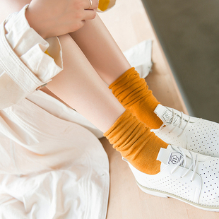 全棉堆堆袜套韩国糖果色中筒袜子女卷边复古民族风时尚 森女潮袜子