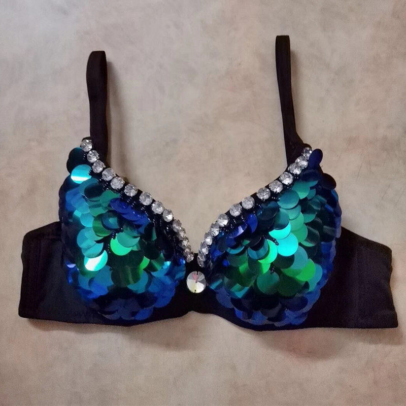 时尚性感夜店酒吧DS领舞文胸新款纯手工孔雀绿蓝亮片珠钻舞蹈上衣