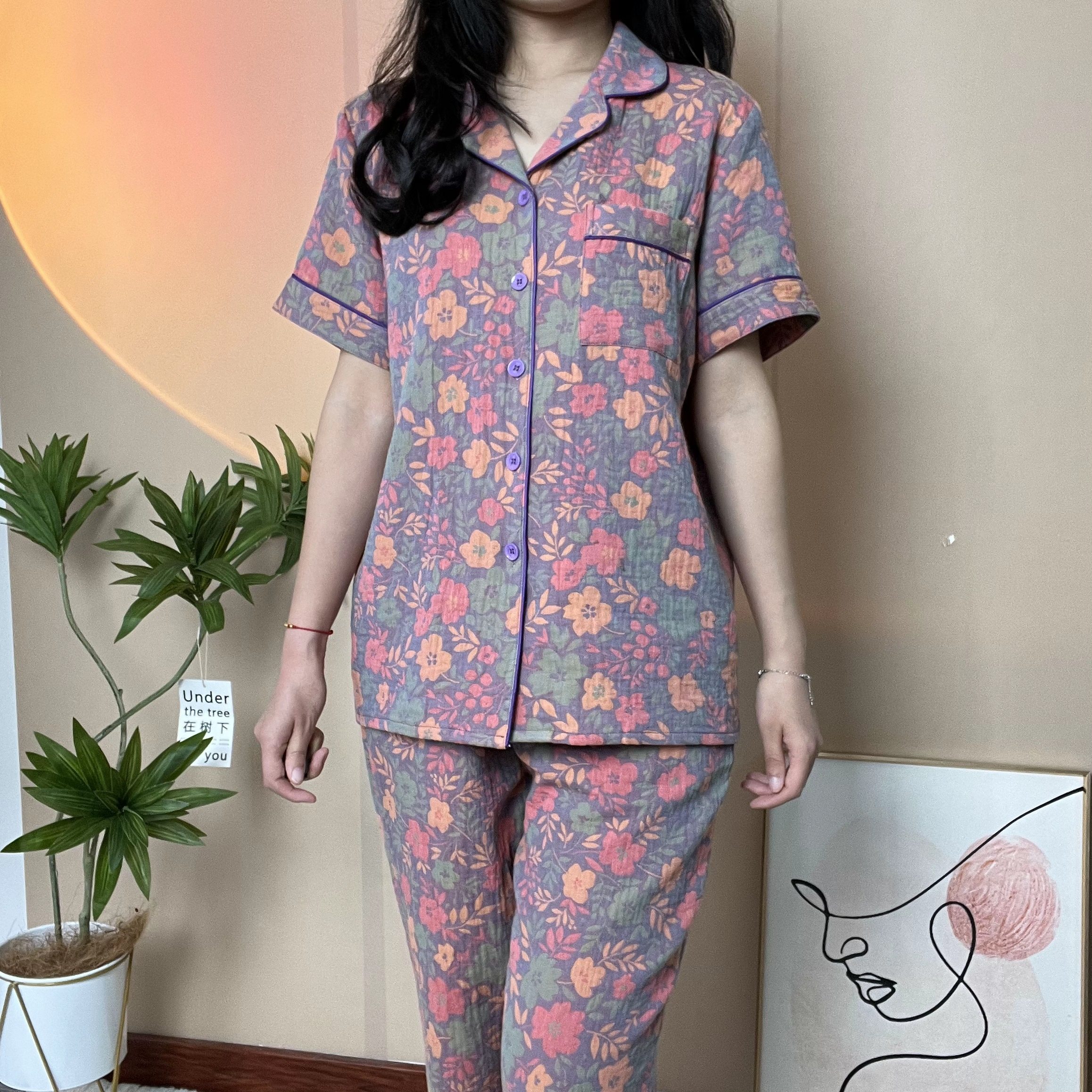 【爆款】女士短袖薄款100%棉双层纱色织大提花家居服空调服套装