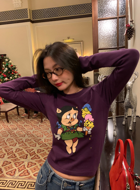 落落狷介 紫色打底衫女秋冬内搭可外穿2025新款设计感长袖T恤显瘦