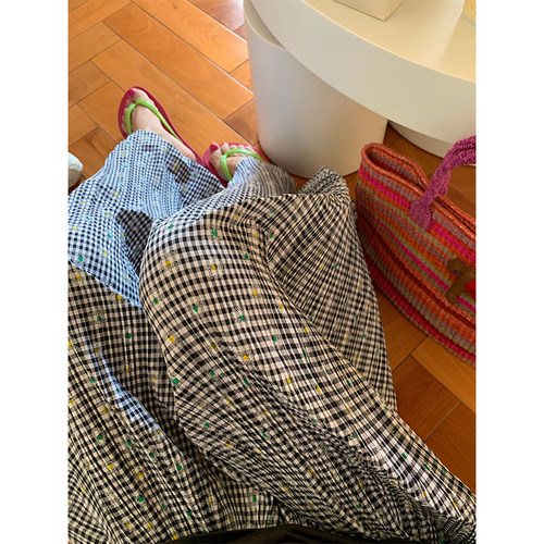 落落狷介松紧腰格子阔腿裤女